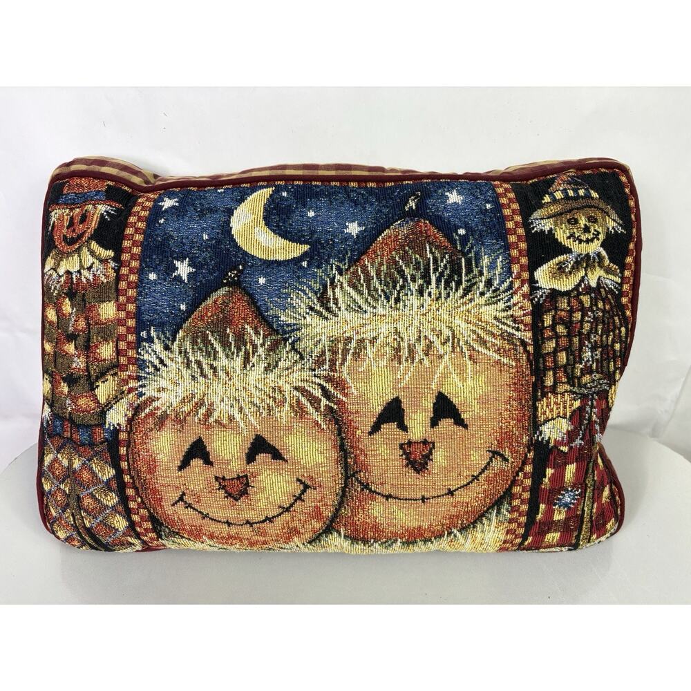 Halloween Tapestry Throw Pillow Pumpkins Scarecrows Moonlight Fall Decor